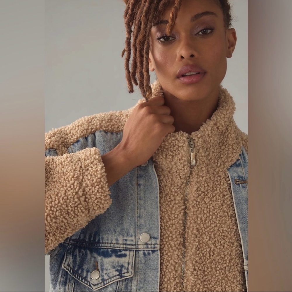 Anthropologie Light Blue Denim and Tan Sherpa Jean Jacket - Picture 5 of 6